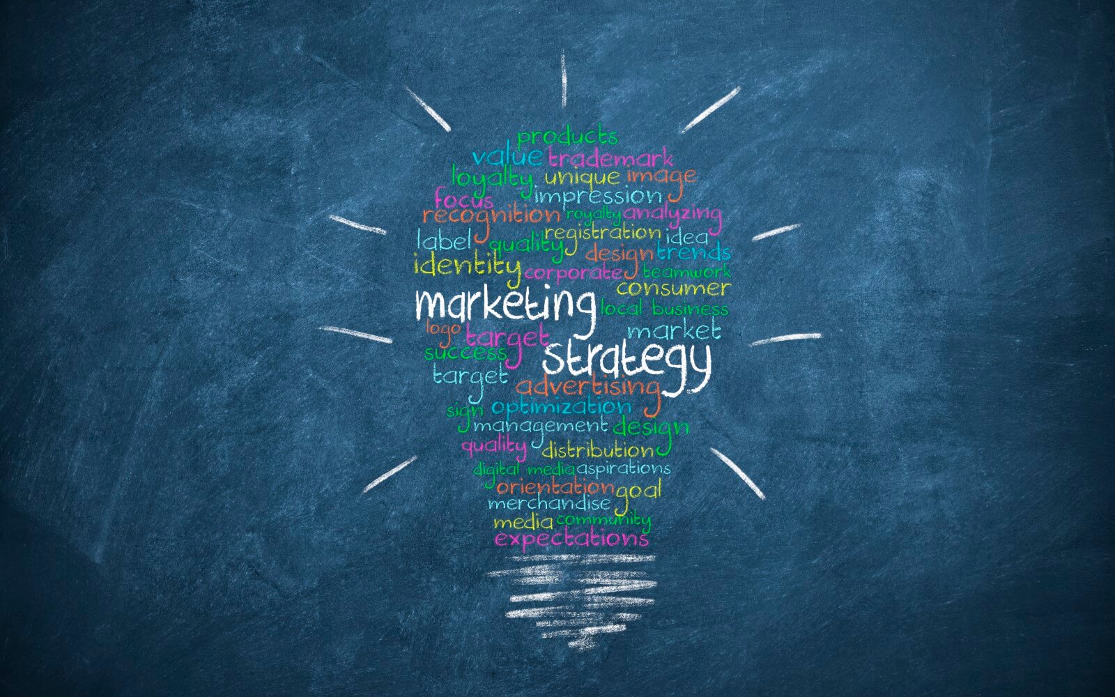Schematische Darstellung von Marketing mit einer Wortwolke in Form eine Glühbirne, gezeichnet mit Kreide an eine Tafel.