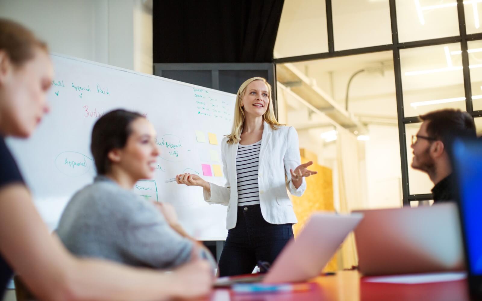 Leitende Angestellte präsentiert die Projektplanung vor dem Team an einem Whiteboard.
